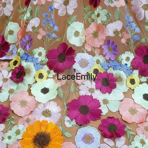 Tessuto di pizzo con fiori 3D ricamati densi di alta qualità, tulle floreale colorato per abito da ragazza, tutù, abito da sposa, velo da sposa, 1 iarda