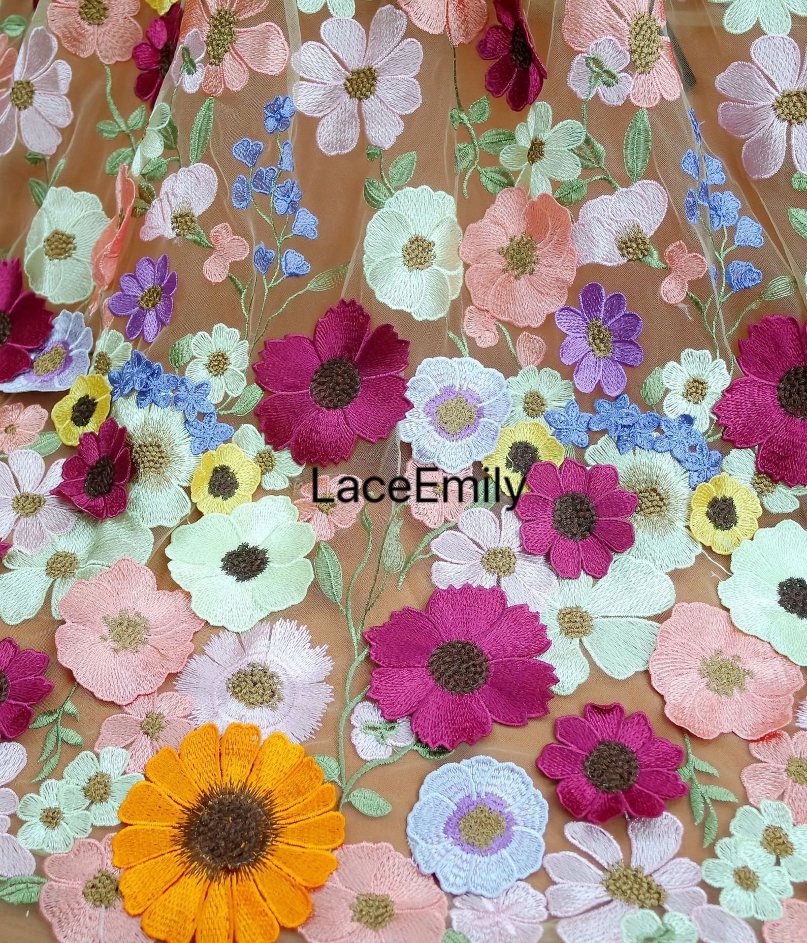 High quality dense embroidery 3d flower Lace Fabric colorful floral Tulle For Girl Dress Tutu Dress Wedding Dress Bridal Veil 1 yard