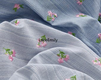 100% cotton Pink flower embroidered Blue fabric, for Dress, tops, hats, tablecloths, bags, children's dresses, DIY handmade fabrics 1 meter