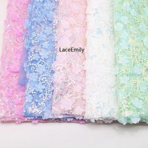 Tessuto in pizzo con ricamo a fiori in chiffon 3D, 9 colori, paillettes colorate, fiori in tulle per abito da ragazza, abito da sposa, abito da sposa, abito da festa, 1 iarda