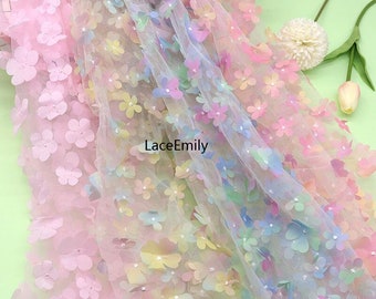 Colorful flower mesh tulle, 3D Flower Embroidered Gradient lace fabric  for Weddings, Birthday Dress, Bridal Dress 1 yards