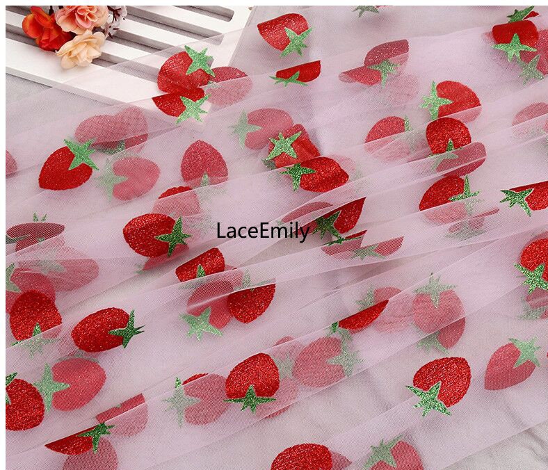 Glitter Strawberry Lace Fabric Mesh Tulle Lace for Weddings