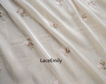 Exquisite Beige Drape fabric, pink flower embroidery fabric for Girl Dress, summer dress, Wedding Dress , Skirts 1 yards