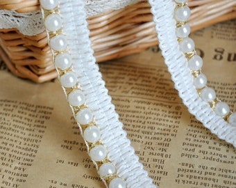 White Pearl Beaded Lace Trim, gold thread beads Trim For Bridal, Headbands, Jewelry, Costumes, Crafts 2 yard