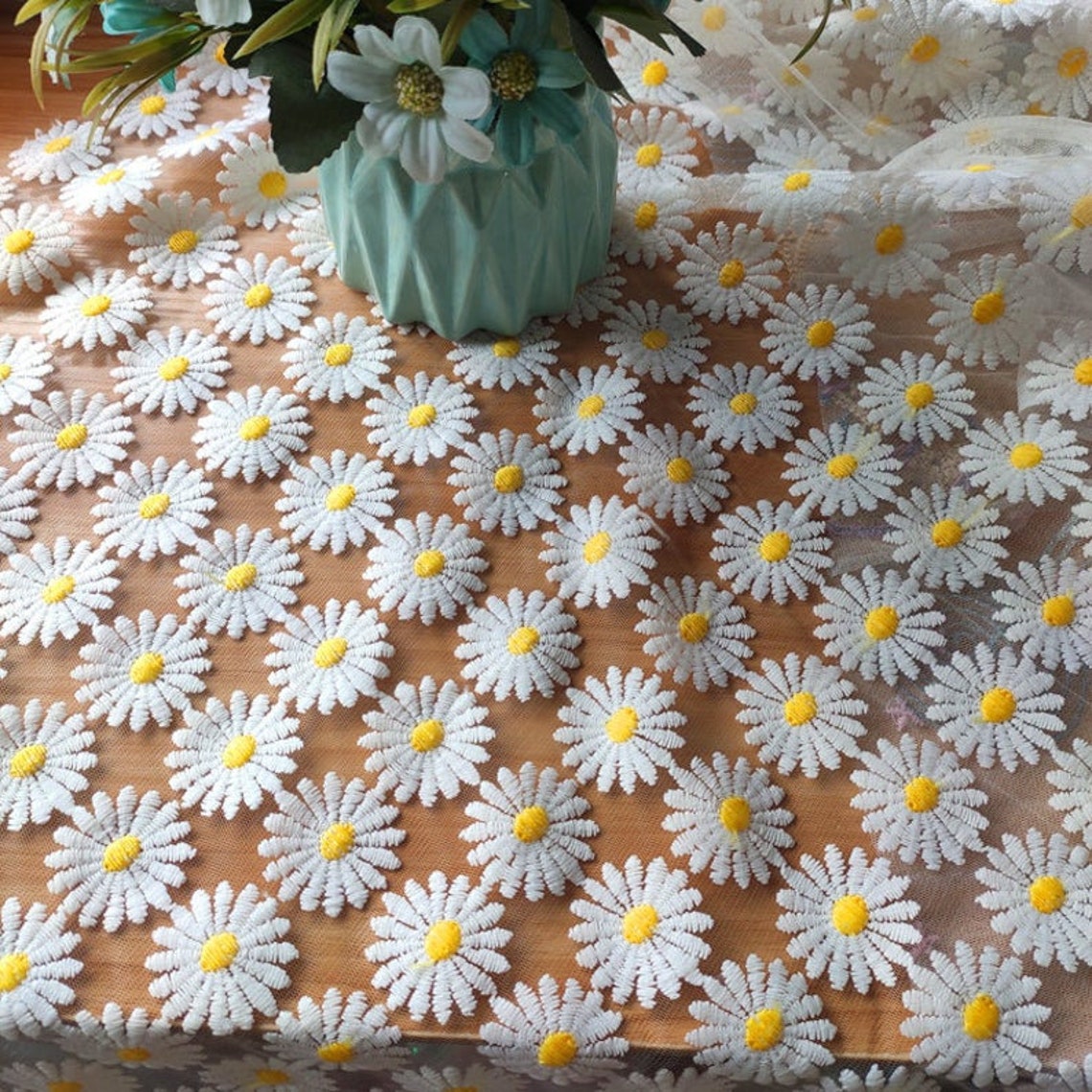 White Daisy Flower Embroidered Lace Fabric Daisy White Tulle Etsy