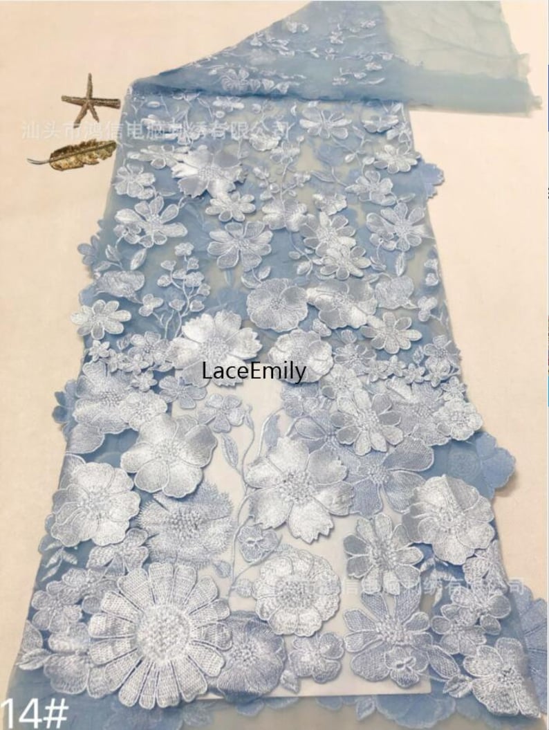 High quality dense embroidery 3d flower Lace Fabric colorful floral Tulle For Girl Dress Tutu Dress Wedding Dress Bridal Veil 1 yard 14-Full Light blue