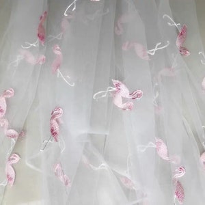 Flamingos embroidery lace fabric ivory gray pink flamingo soft tulle fabric wedding lace bridal lace dress fabric 51&quot; width 1 yard