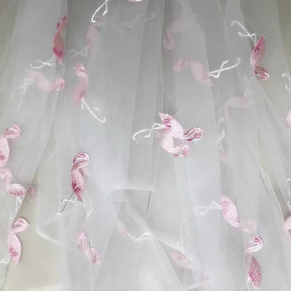 Flamingos embroidery lace fabric ivory gray pink flamingo soft tulle fabric wedding lace bridal lace dress fabric 51" width 1 yard