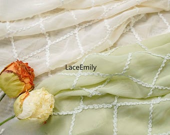 3D diamond-patterned embroidered chiffon fabric, Soft chiffon fabric,  for Girl Dress, wedding dress, evening gowns, shirts fabric 1 meters