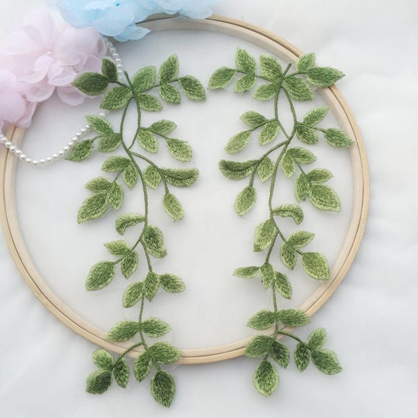 1 pair Green leaf Lace Lace Applique Beautifully leaf embroidery applique for Wedding applique Bridal Headwea veil applique