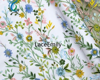 1 Yard Delicate flower and leaves embroidered soft tulle floral lace fabric floral for baby dress ball gown floral wedding dress 47" width