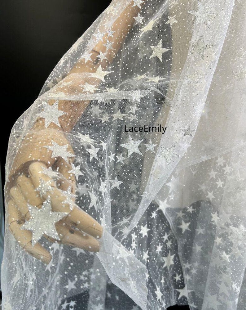 White glitter star embroidery lace fabric Star tulle Fabric For Girl Dress Tutu Dress Wedding Dress Bridal Veil 1 yard image 4