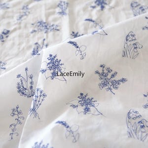 Blue floral Print embroidery Cotton Fabric, Vintage Style Flower Cotton Lace Fabric for Boho Dress, Tablecloth, Costume Design, Skirt, Gown