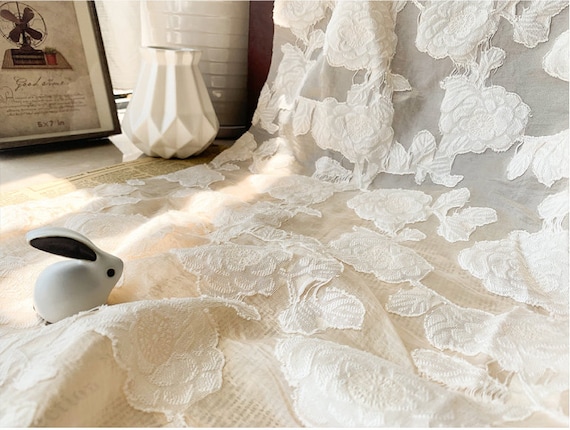 White Beige black Organza Jaquard Fabric, flower embroidery Organza Fabric for Girl Dress, Wedding dress, Summer Dress, Shirts 59" width
