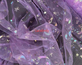 Glitter Star moon lace fabric Colorful star moon Soft Tulle lace For Girl Dress Tutu Dress Wedding Dress Bridal Veil 1 Yard