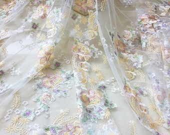 2 couleurs fleur broderie dentelle tissu doux Floral Tulle tissu pour robe de mariée, robe de mariée, robe d'été, robe de bébé 1 yard