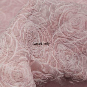 Puede incluir: Primer plano de una tela rosa con un patr&oacute;n floral en relieve. La tela tiene un aspecto texturizado con dise&ntilde;os arremolinados en forma de rosa. El texto "LaceEmily" es visible en la tela. Este material es adecuado para diversos proyectos de artesan&iacute;a y dise&ntilde;o.