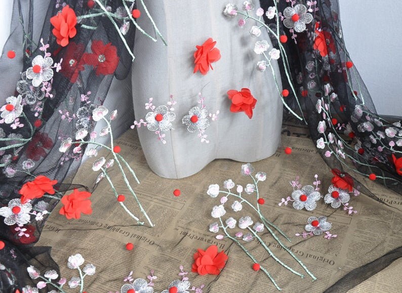 3D Chiffon Flower Embroidery Lace Fabric Floral Pompon Tulle