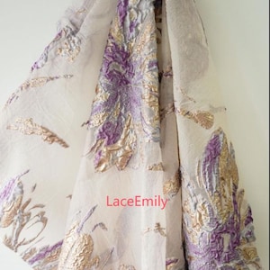 Tessuto di pizzo organza con fiori oro e viola, chiffon, ricamo floreale, tulle per abito da sposa, abito da ragazza, abito da sposa, abito da festa, 1 iarda