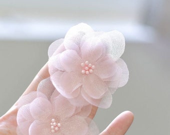 10pcs Light Pink 3D Flower lace applique Bead Pearl Flower embroidery applique for Wedding applique Bridal Headwea veil applique