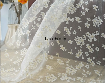 Gold White flower pattern organza Fabric, floral soft white Organza tulle for Girl Dress, Wedding dress, Summer Dress, Shirts 59" width