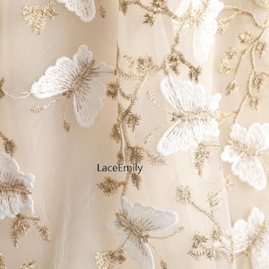 3D Butterfly Lace Fabric Butterfly Gold Thread Embroidery Tulle Fabric For Wedding Dress Girl Dress Party Dress Bridal Veil 1 Yard