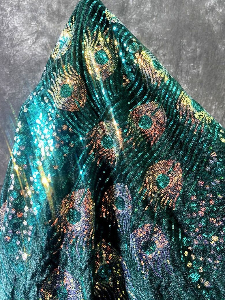 peacock design dress material 4 Colors Luxury Sequin Peacock Feather Velvet Fabric Sequin Embroidery  Fabric for Wedding Dress, Gowns, Evening Dress, Fashion Clothing