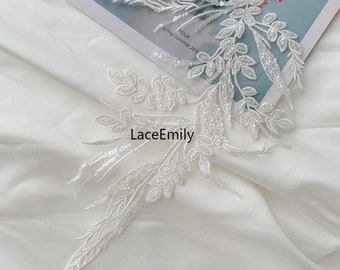 1 pair Ivory Pearl flower Lace Applique beaded leaves embroidery applique for Weddings, Headpieces, party Dress