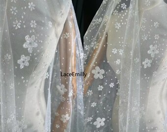 Glitter Flower Lace Fabric Floral soft Mesh Tulle Fabric For Bridal Veil , Tutu Dress, Gowns, Wedding Dress, Home Decoration 1 Yard