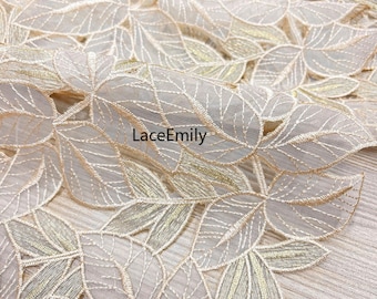 Light gold leaf embroidery Organza Fabric Hollow out 3D Leaves Organza Tulle For Girl Dress Wedding Dress Bridal Dress Veil 1 yard