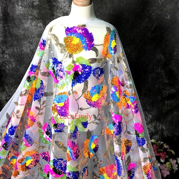 Paillettes colorées fleur dentelle tissu paillettes broderie tulle