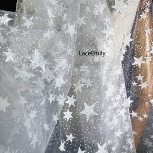 White glitter star embroidery lace fabric Star tulle Fabric For Girl Dress Tutu Dress Wedding Dress Bridal Veil 1 yard image 3