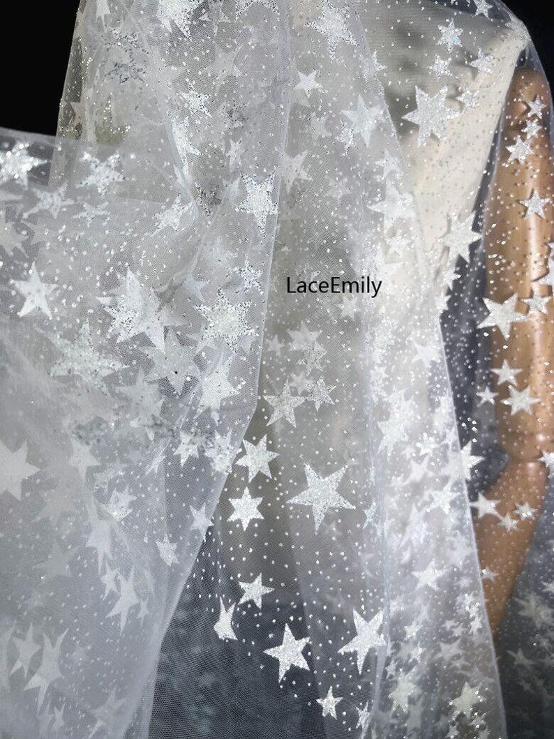 White glitter star embroidery lace fabric Star tulle Fabric For Girl Dress Tutu Dress Wedding Dress Bridal Veil 1 yard image 3