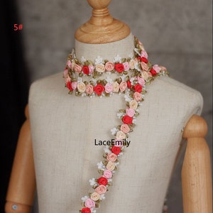 1 yard 3D Rose pearl embroidery Lace Trim Colorful flower lace Trim for necklace, Wedding Gown, hats, Dress decoration