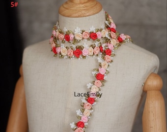 1 yard 3D Rose pearl embroidery Lace Trim Colorful flower lace Trim for necklace, Wedding Gown, hats, Dress decoration