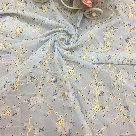 Light Blue Flowers Printed Chiffon Fabric Soft Eyelet Floral Embroidery  Chiffon Lace Fabric for Dress, Garment, 51 Width 