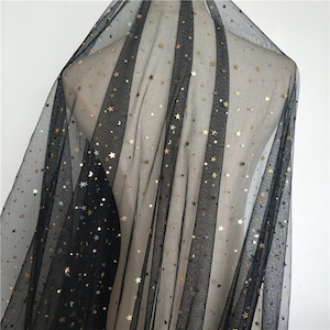Gold Star Moon Sequin Lace Fabric Star Moon Black tulle Fabric For wedding Dress bridal dress veil Girl dress Tutu Dress 1 yard