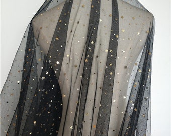 Gold Star Moon Sequin Lace Fabric Star Moon Black tulle Fabric For wedding Dress bridal dress veil Girl dress Tutu Dress 1 yard