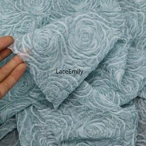Puede incluir: Primer plano de una tela azul claro con un patr&oacute;n de rosas en 3D. La tela es suave y texturizada, con una calidad delicada y casi transparente. El texto "LaceEmily" es visible.