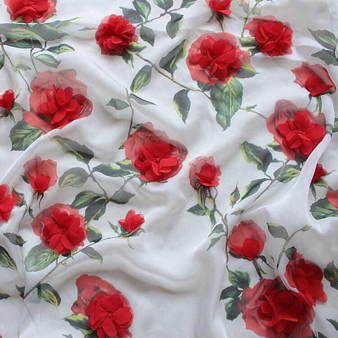 3D Red Rose Flower Chiffon Fabric Rose Print Chiffon Tulle - Etsy