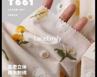 3D Dandelion Embroidery Cotton Fabric yellow flower Cotton Fabric for Wedding Bridal Children's clothing tops skirts  51" width 1 yard