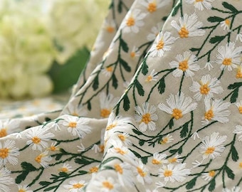 Daisy Embroidery Cotton linen Fabric black flower Cotton linen Fabric for Wedding Bridal Children&#39;s clothing tops skirts   1 yard