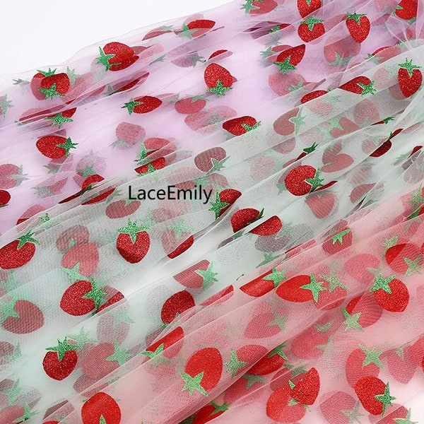 Glitter strawberry lace fabric mesh tulle lace for Weddings, Flower Girl Dress, Birthday Dress, Prom Gown baby dress 1 Yards