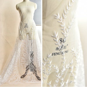Hochwertige Blumen Zweig Stickerei Spitze Stoff Elfenbein Blatt Tüll Stoff Für Mädchen Kleid Tutu Kleid Hochzeitskleid Brautschleier 1 Yard