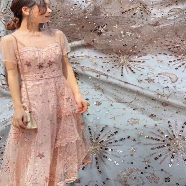 6 Colors pink sequin star lace Fabric moon Sequin embroidery Mesh tulle fabric for Prom Dresses, Princess Dress, Wedding Dress 1 yard