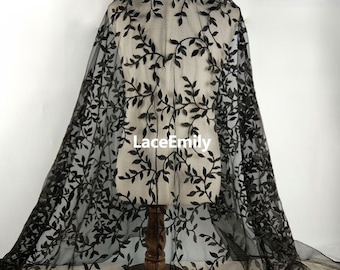 Tessuto in pizzo ricamato con foglie nere e oro Tessuto in tulle con rami di foglie avorio Tessuto per abito da sposa Velo per abito Tessuto in pizzo da sposa 1 iarda