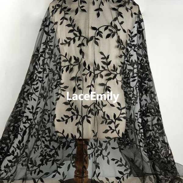 Black Leaf Embroidered Lace Fabric Ivory Leaf Branch tulle fabric Wedding Dress Fabric Dress Veil Bridal Lace Fabric 1 Yards