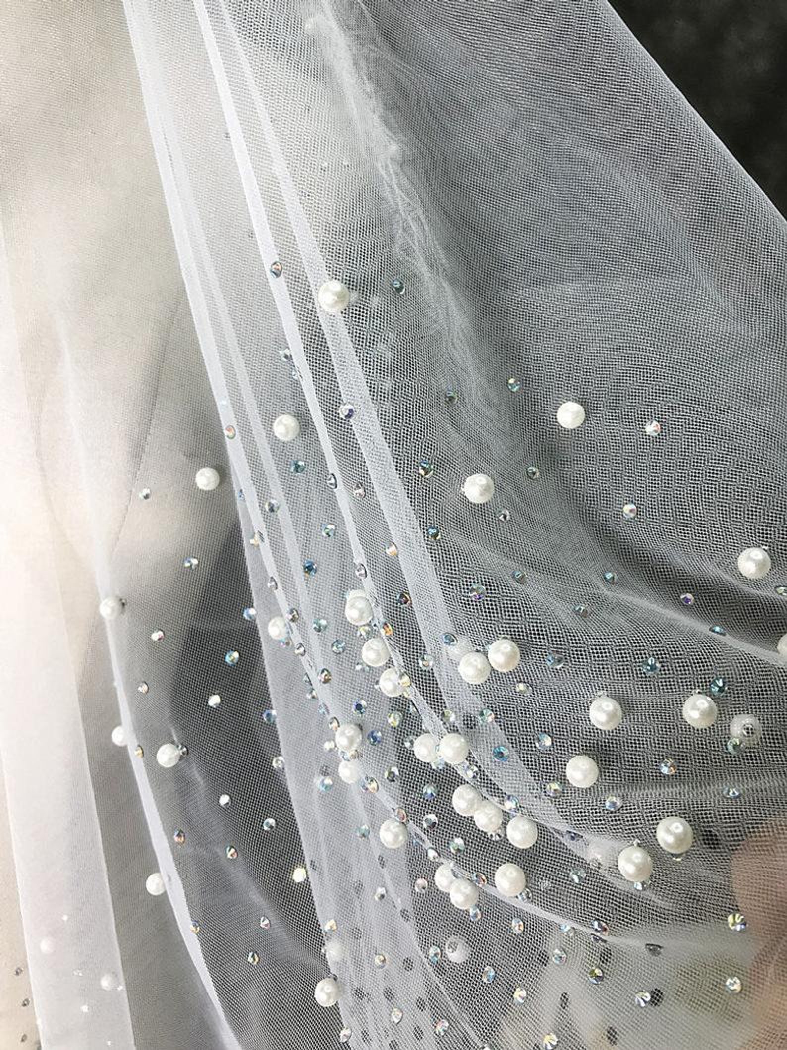 Pearl Beaded Lace Fabric Ivory Pearl Rhinestone tulle Fabric Etsy