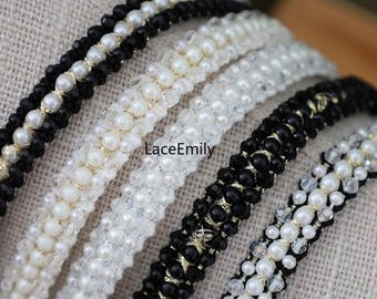 High-end woven pearl lace Trim , hand-beaded lace Trim with gold thread,  For clothing trim, Headbands,  cuff accessories 2 meters