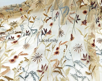 5 Colors French Brown tulle lace fabric Gold flowers leaf embroidery tulle For Wedding Dress Bridal Veil Tutu dress Baby Dress 1 yards